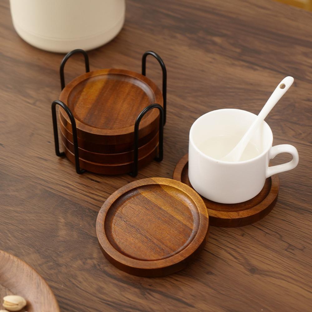 4/6pcs With Holder Wood Coasters Thickened Insulated Cup Mat Household Teacup Mat Office