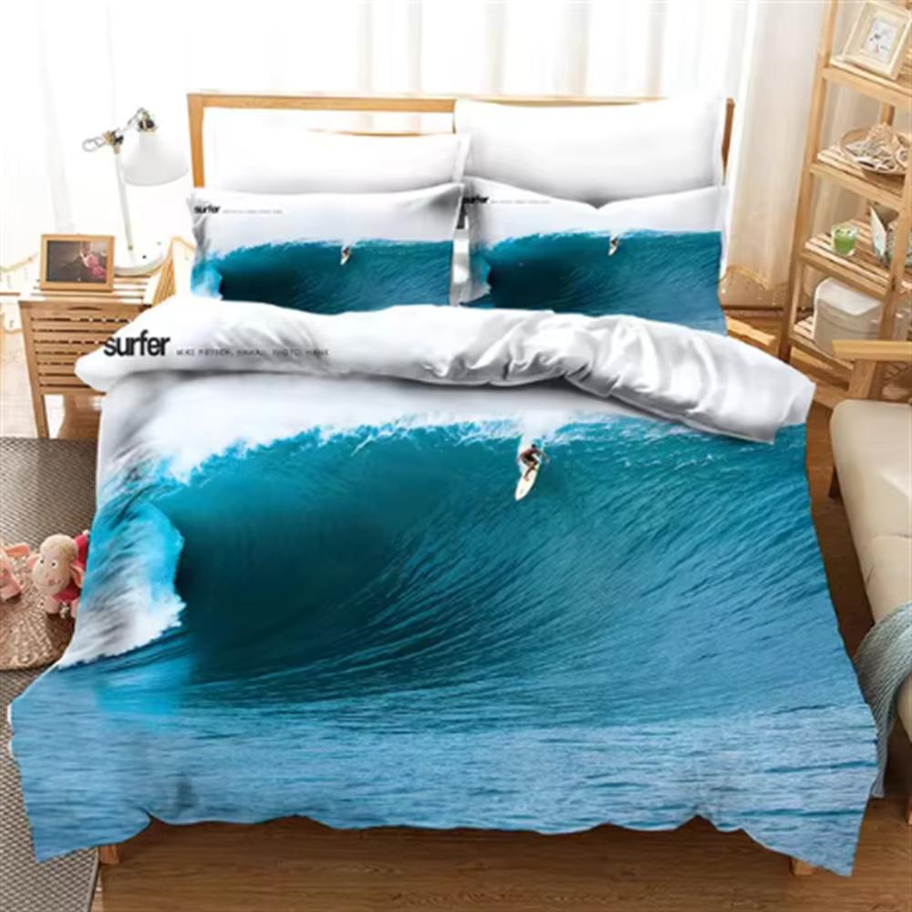 Copripiumino SSurf Vacanza al Mare Blu Acqua Piumone Set Biancheria da Letto Per Adulti Dimensione Queen Trapunta 3D Set Letto Biancheria da Letto