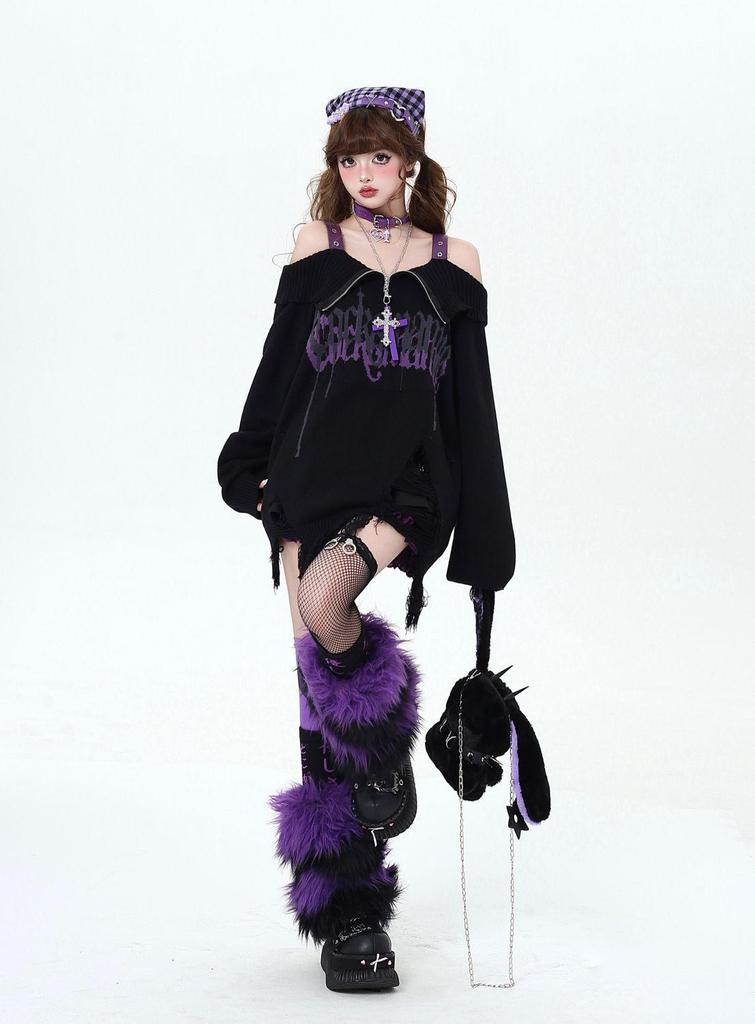 Korean Style Off-Shoulder Punk Sweater with Turn-Down Collar - Women's Autumn/Winter Ripped Knitted Top
