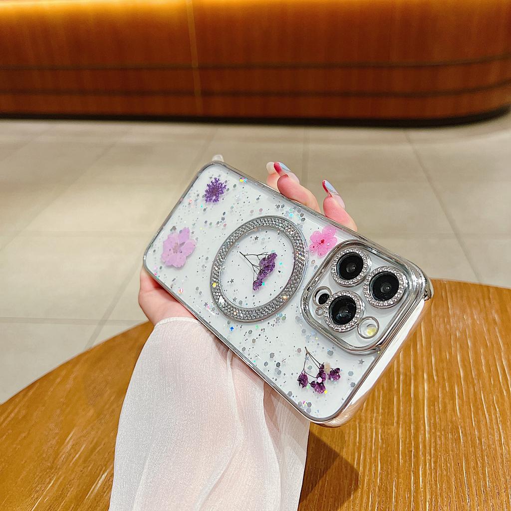 Para Capa de iPhone 15 Pro Flor Seca Epóxi PC+TPU Capa Traseira Magnética para Telefone