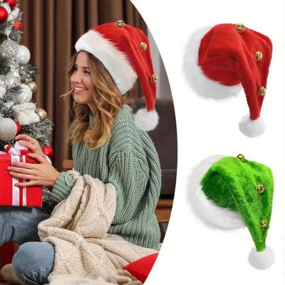 Unisex Velvet Santa Hat With Bells Green/Red Fluffy Christmas Hat