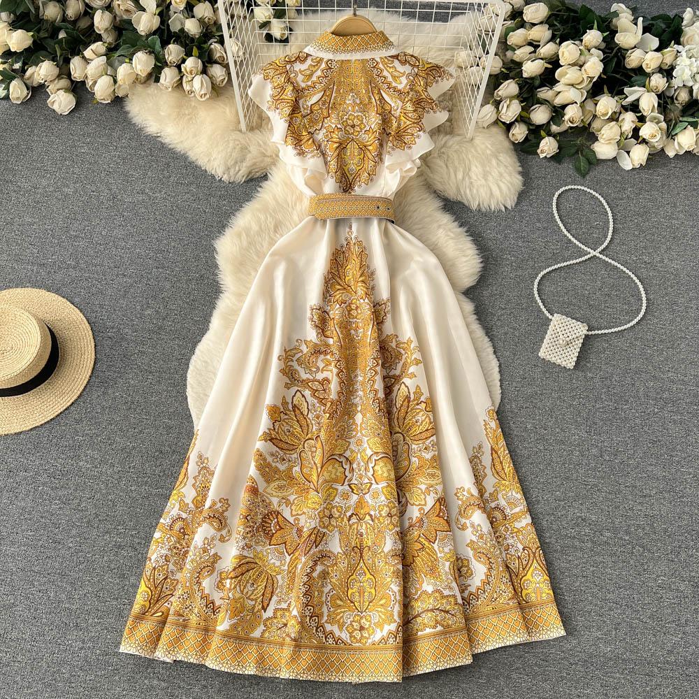 Retro Floral Print Ruffle Sleeveless Elegant Midi Dress A-line Beach Vacation Belt Dress Women Korean Fashion Summer Vestidos