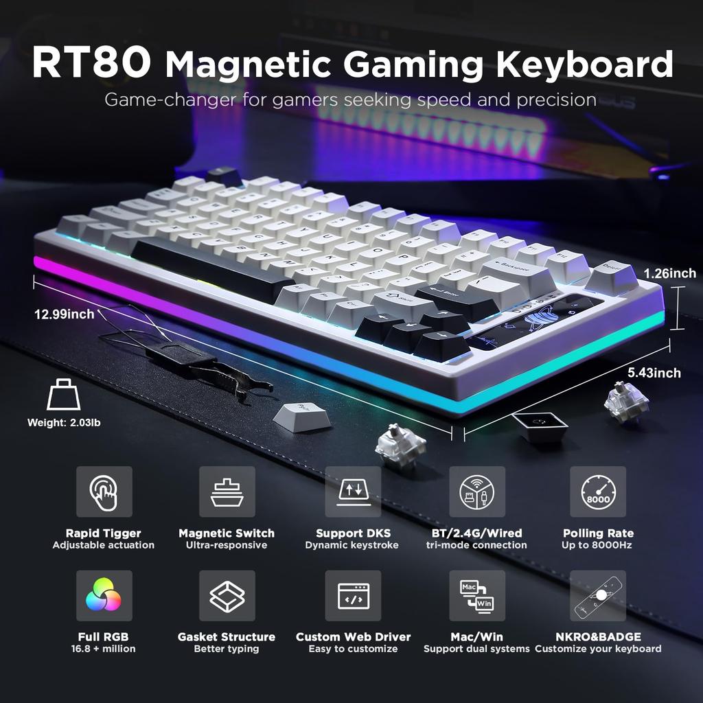 YUNZII RT80 Rapid Trigger Keyboard with Hall Wireless Mechanical Magnetic Tray Technical Standards Compliance Certified Magnetic Guatellon 82-Key