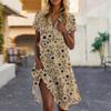 Women's Casual Fashion Lapel Floral Print Dress Short Sleeve V Neck Short Skirt