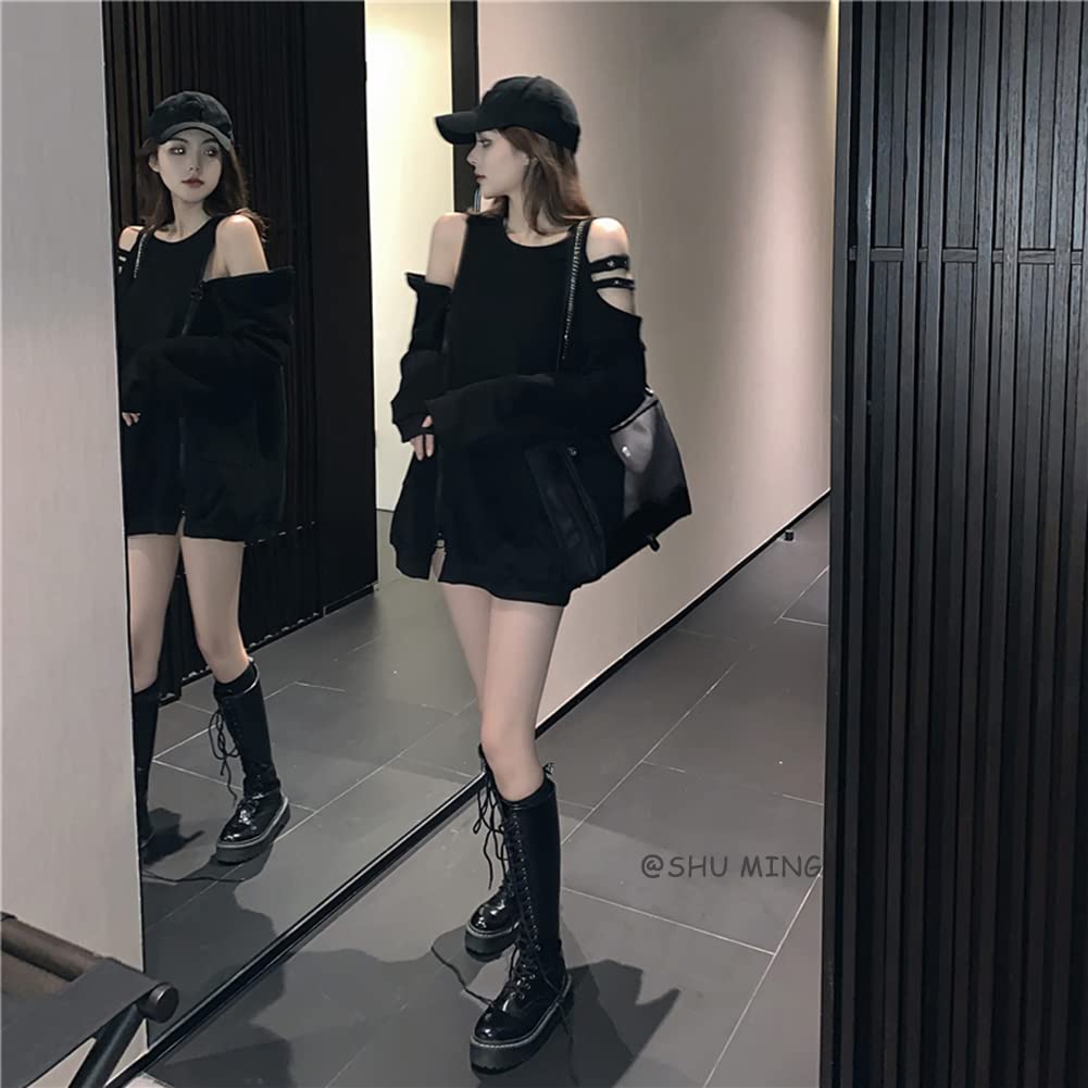 ShuMing Long Sleeve Loose Street Korean Pullover Women's Hoodie, Off-the-Shoulder, Fit, Simple, Black, Style, Style, Stylish, (Free Size, Black)