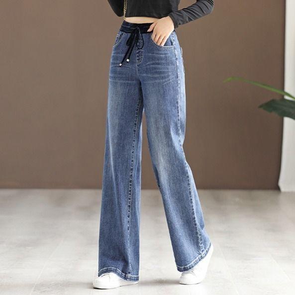 Dámské Elastické Vysoký Pas Rovné Džíny Baggy Oversize Široká noha Denim Kalhoty Jaro Podzim Causal Vintage