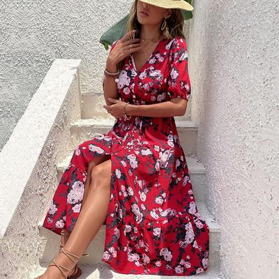 Women's Summer Print V Neck Split Short Sleeve High Waist A Line Floral Dress