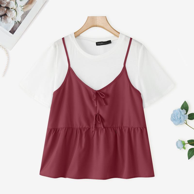 

ZANZEA Женские летние футболки с круглым вырезом, пэчворком, повседневные, с коротким рукавом 5XL красный