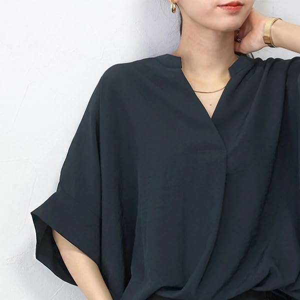 Loose Chiffon Short Wrinkle Casual [Ailiyumo] Women's Shirt, Fit, V-Neck Blouse, Office, Top, Sleeve, Plain, Resistant, Slimming,