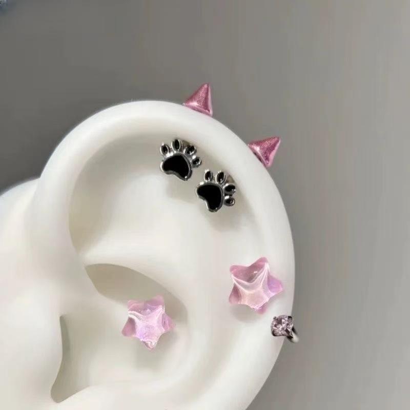 Red Zircon Wing Chain Piercing Earring For Women Men Gothic Silver Color Rivet Ear Bone Nail Earring Y2K Jewelry Accessories
