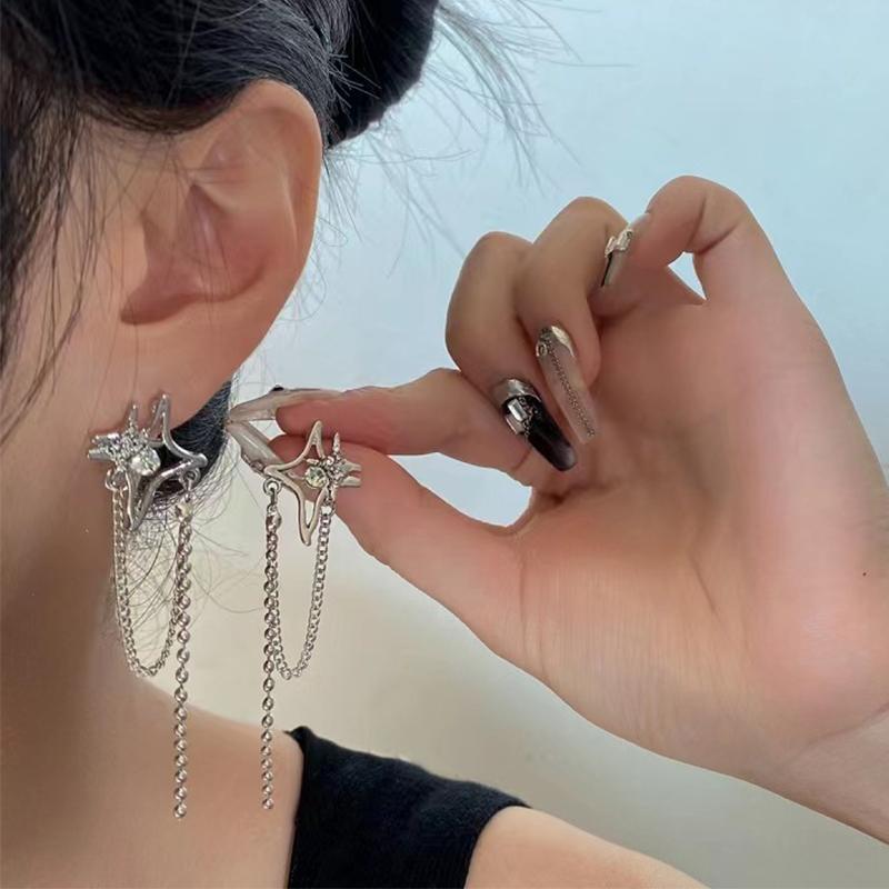 Kpop Irregular Crystal Star Earrings for Women Y2K Chain Tassel Rhinestone Cross Earrings Fashion Piercing Geometric Earring Accessories