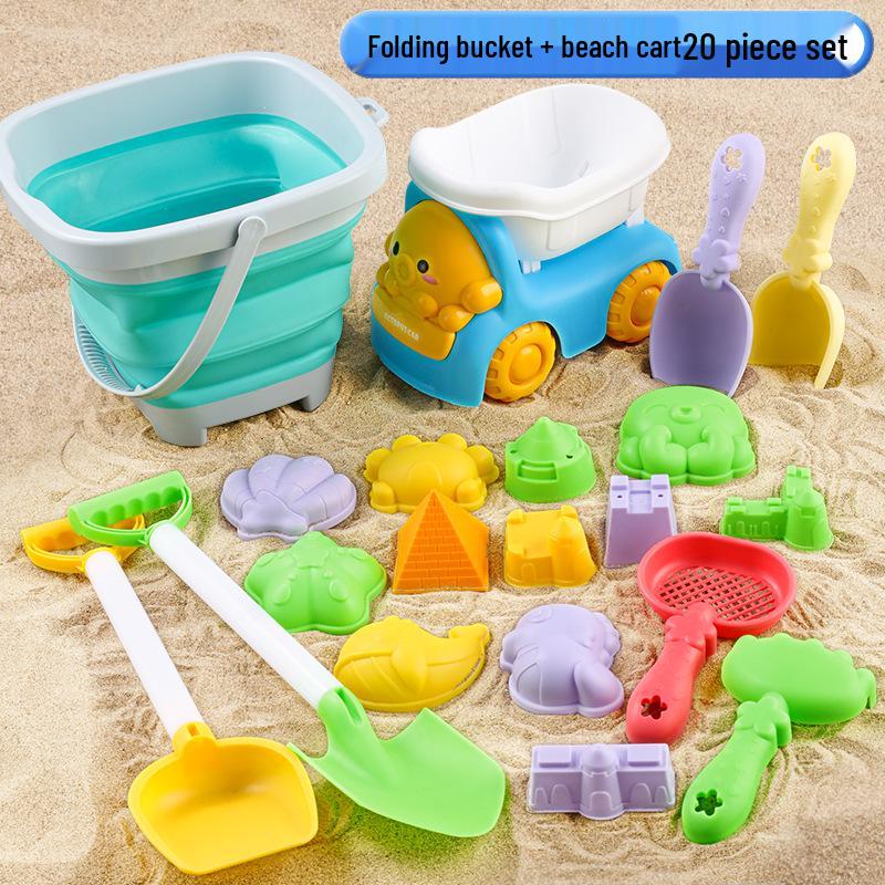Cross-border Kid's Beach Toy Set: Folding Bucket, Shovel, Sand Tools & Sandglass Accessories