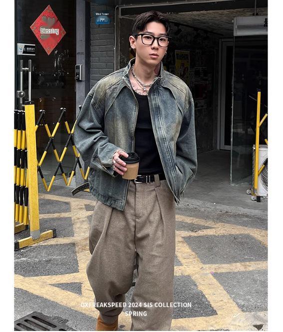 Herren American Retro Gewaschene Jeansjacke - Schwer, Lockerer Schnitt, Trendig, Lässig, Frühling Reißverschluss Arbeitskleidung