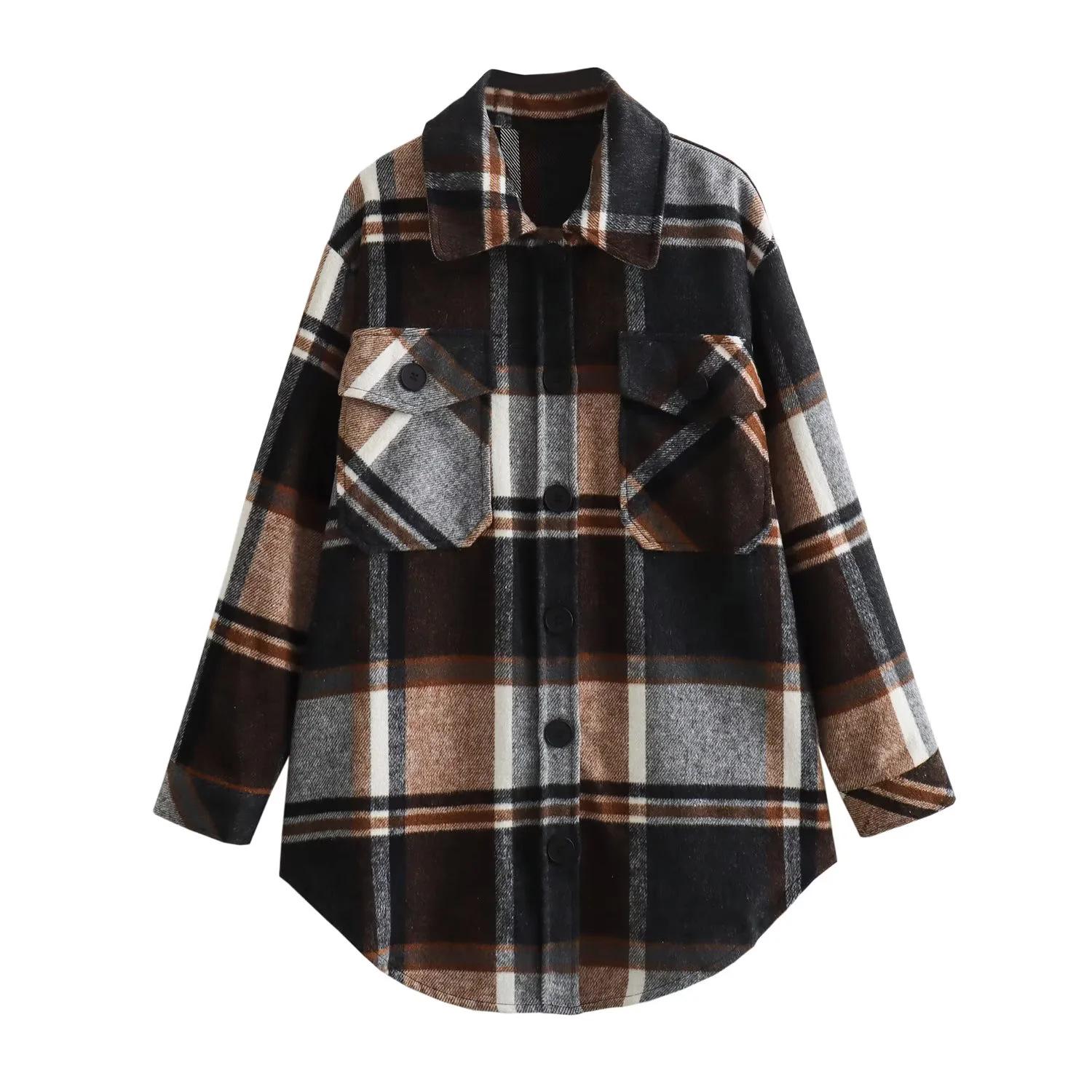 

2024 Winter Women s European & American Style Woolen Plaid Casual Workwear Shirt Large