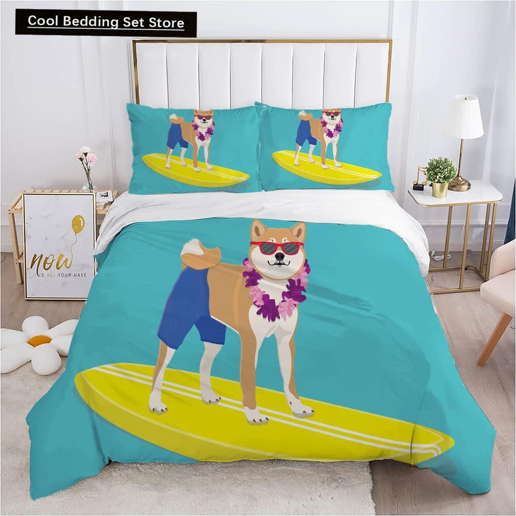 Cartoon Shiba Inu King Queen Bedding Set Yellow Pet Puppy Duvet Cover Cherry Blossoms Tree Quilt Cover Polyester Comforter Cover