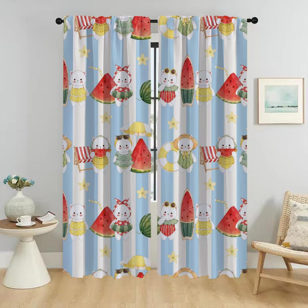 Watermelon Kitty Curtains for Living Room Curtain for Room 2 Panel Halloween Decoration Partition Home Interior Curtains Shades