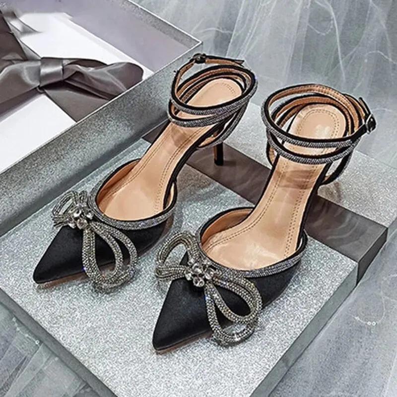 Fashion New Fashion Glitter Rhinestones Women Pumps Crystal Bowknot Silk Pointed Toe Buckle Strap Thin High Heels Party Prom Shoes