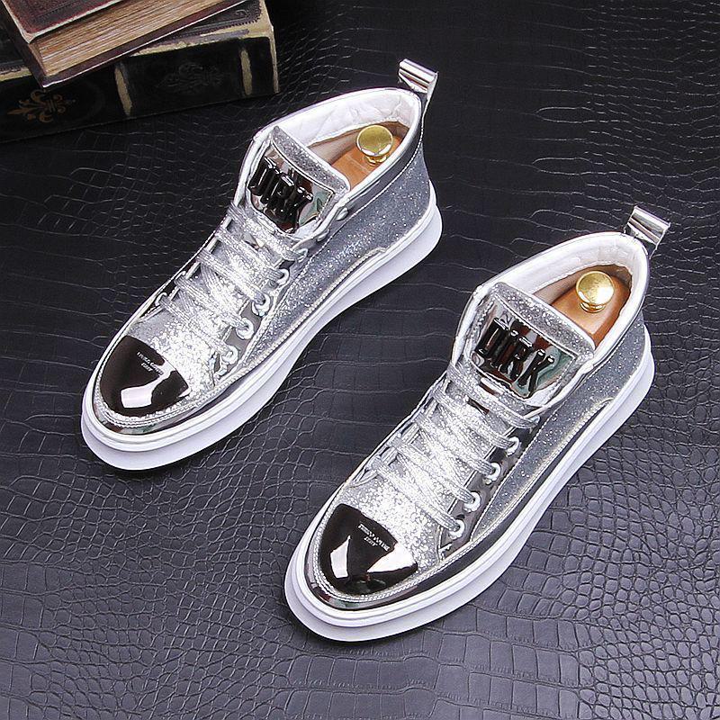 Silver Men's High-Top Trendy Sneakers - Casual, Height-Increasing, Celebrity-Style, Gold Accents, Fashionable Shoes for Men