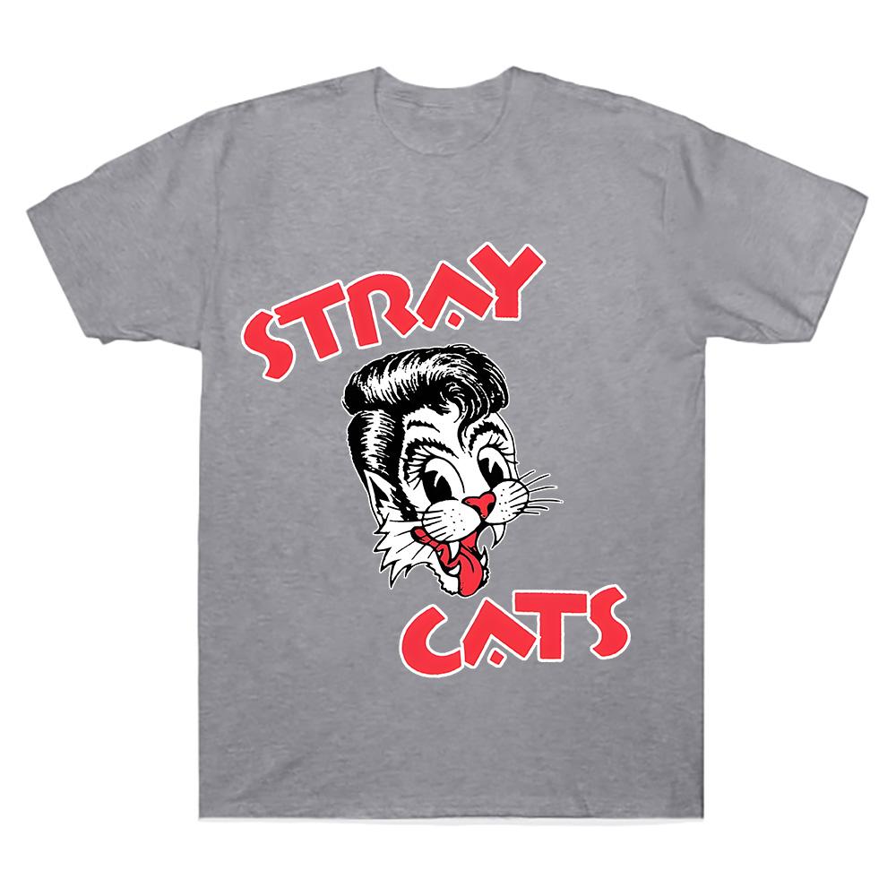 Stray Cats Rock Cat Head T-Shirt Hipster Streetwear Fashion Women Men Crewneck Short Sleeve Cotton Tees Clothing