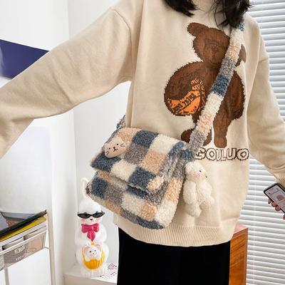 Borsa a Spalla in Peluche da Donna Borsa a Tracolla a Quadri per Signore Borse a Messaggero Casual Carine Portamonete con Zip per Ragazze Borsa Tote tipo Agnello