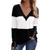 Women's New Style Casual Loose V-neck Long-sleeved Contrast Stitching Knitted Pullover T-shirt Top