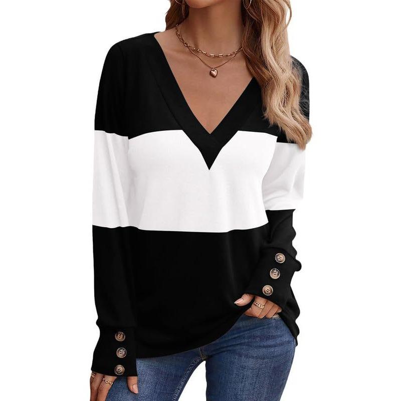Women's New Style Casual Loose V-neck Long-sleeved Contrast Stitching Knitted Pullover T-shirt Top