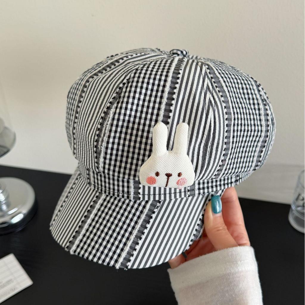 Cute Plaid Cat Ears Beret Female Spring And Summer Sweet Face Small Octagonal Hat Big Head Circumference Newsboy Painter Hat
