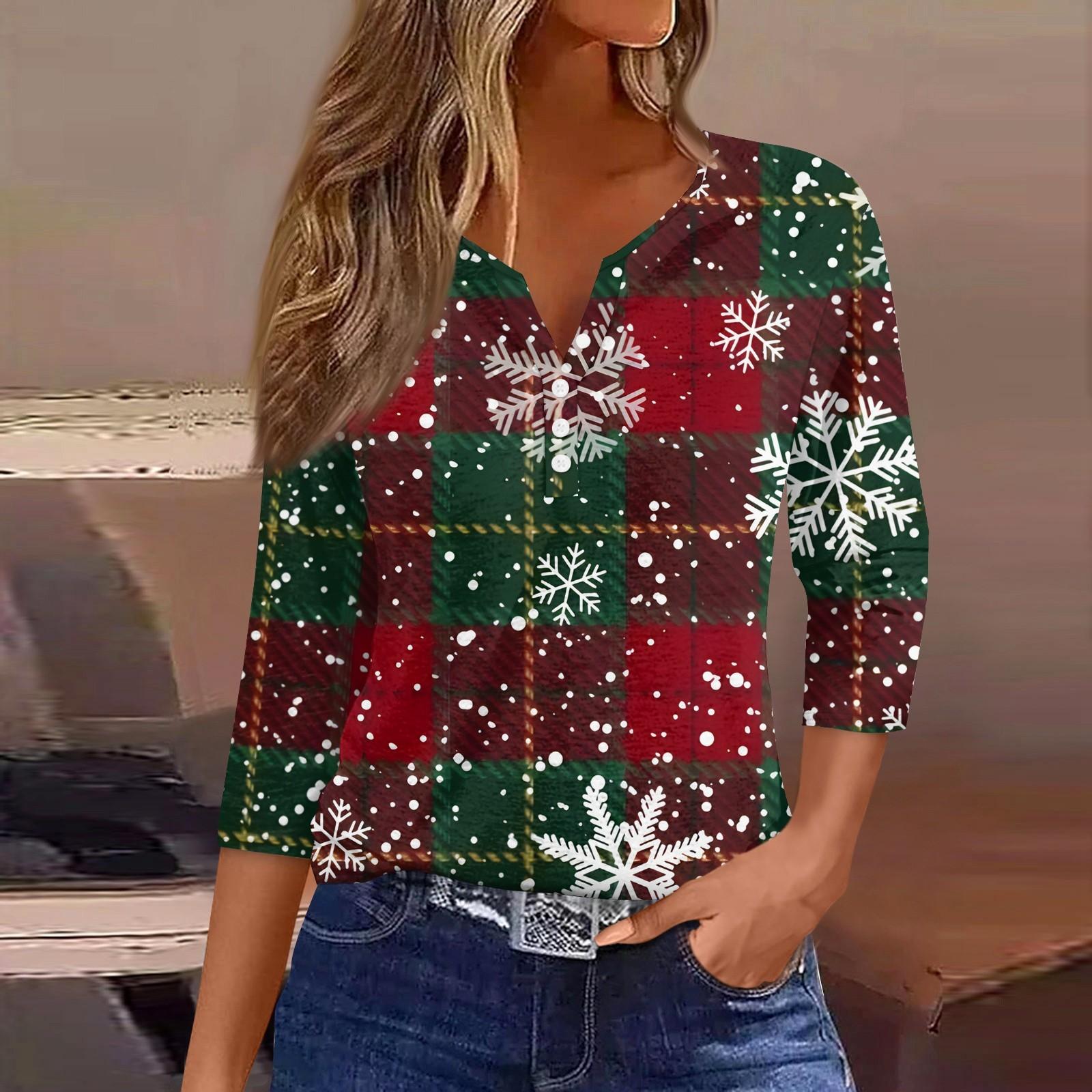 

Женская модная повседневная футболка с пуговицами, V-образным вырезом, семью рукавами и рождественским принтом L винный