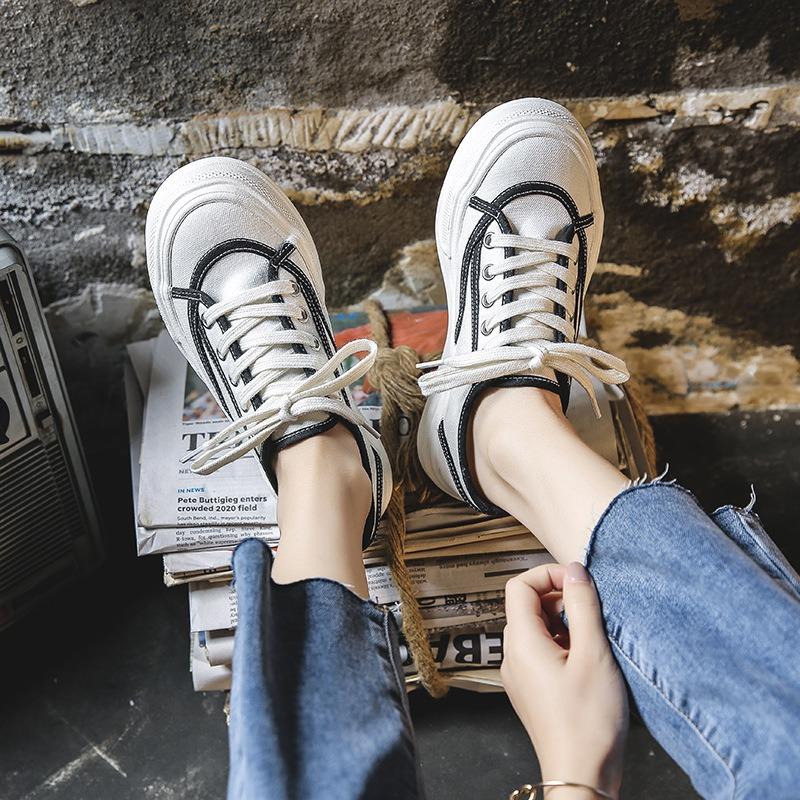 2 autumn and winter new big head canvas shoes women's casual lace-up trendy shoes retro Hong Kong flavor flat baseplate shoes 50