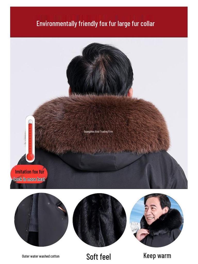 Men's Mid-Length Thickened Parka with Removable Fox Fur Liner and Fur Lining - Winter Coat