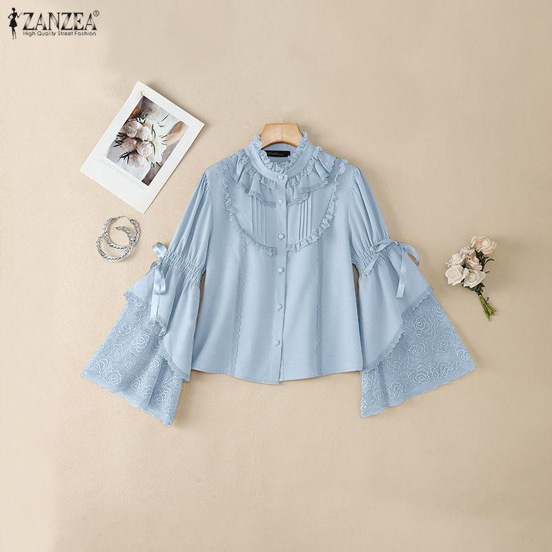 ZANZEA Women Casual Round Neck Loose Lace Splice Long Sleeve Blouse