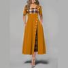 Women's Fashion Half Sleeve Elegant Long Dress Plaid Print Button Detail Maxi Dress