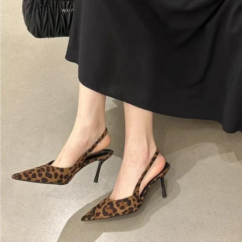 Moda 2025 Lato Damskie Buty Wsuwane Damskie Wysokie Obcasy Seksowny Panterkowy Wzór Biuro Kariera Nowe Czółenka do Sukienki Party Szpiczaste Sandały