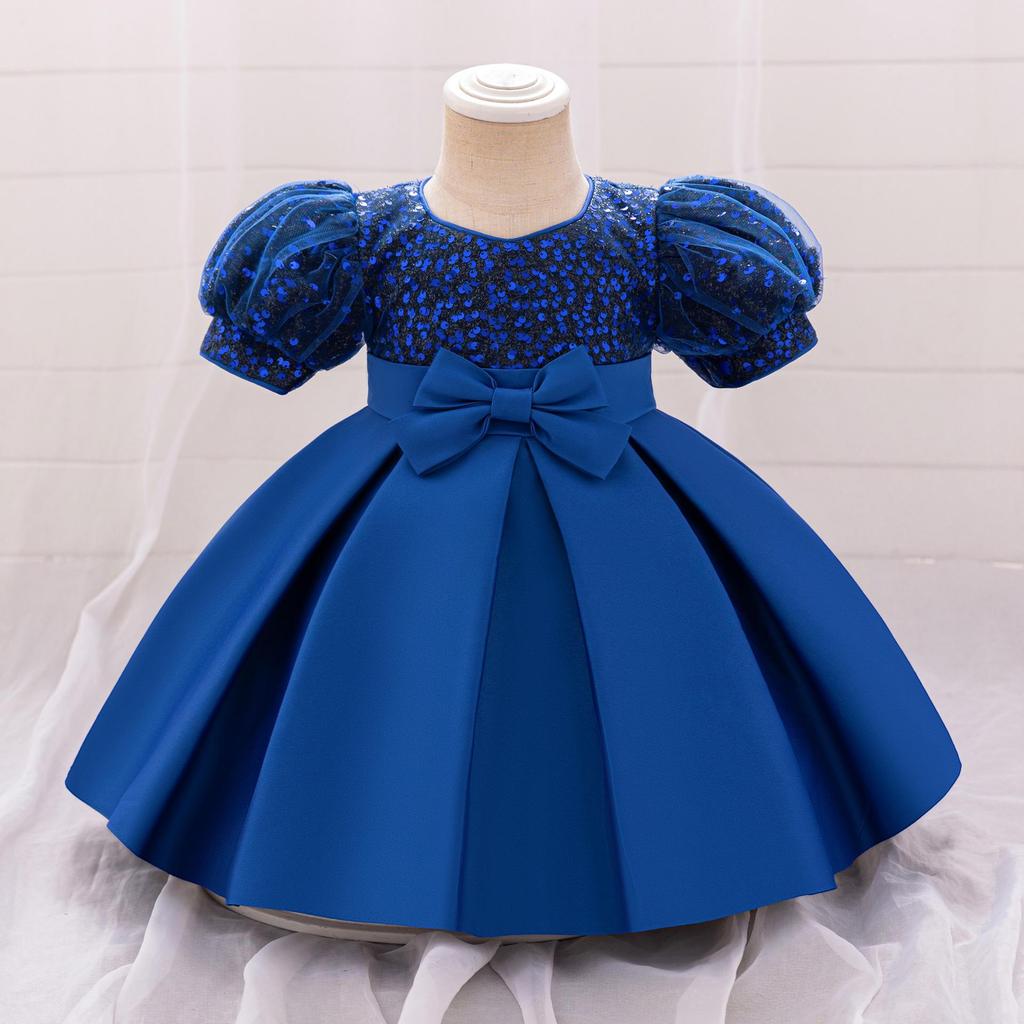 New European & American 1-Year-Old Girls' Bow Princess Dress with Puff Sleeves & Sequined Skirt