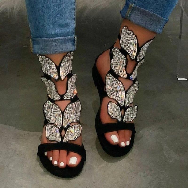 Hot Water Diamond Butterfly Women Shoes Woman's Summer New Flat Bottom Fashion Women's Outdoor Banquet Sandals Beach Slippers