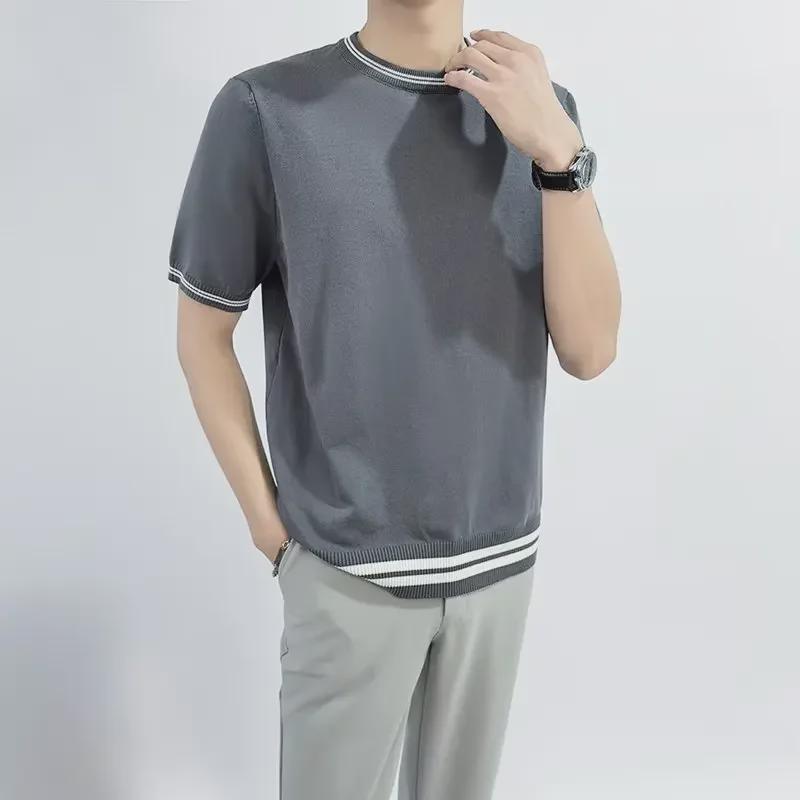 Men's Summer Slim Fit Knitted Sweater Tee - Korean Style Round Neck Short Sleeve Casual Top