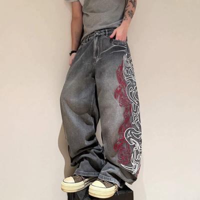 Exclusive Totem Trend Embroidery Wide-leg Hip-hop American Street Straight Loose Denim Trousers