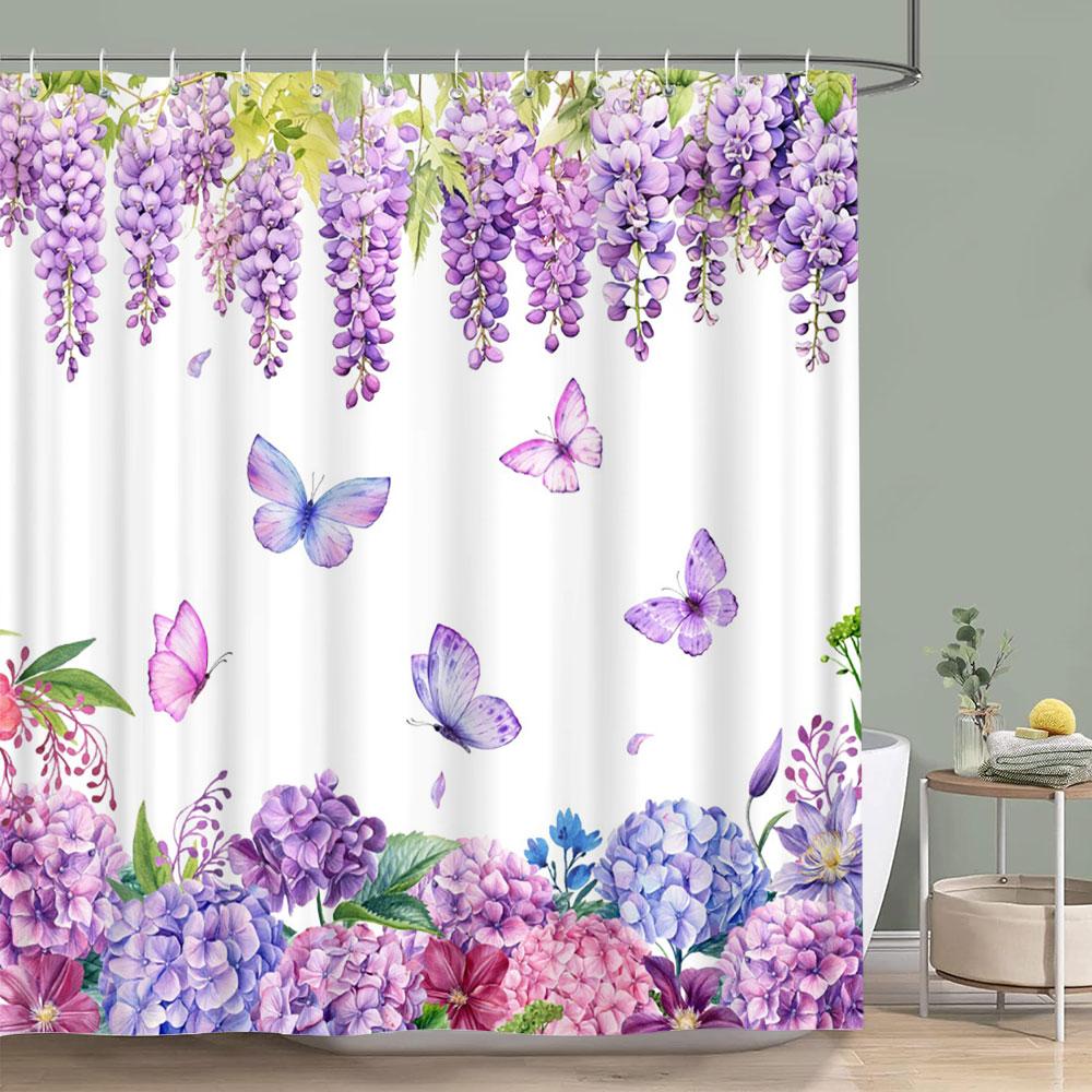 Purple Vineman Botanical Watercolour Shower Curtain Lavender Butterfly Floral Polyester Shower Curtain Bathroom Decor with Hooks