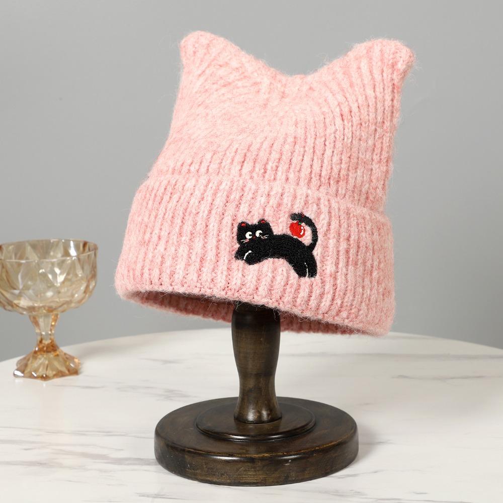 Embroidered Cat Cat's Ears Knitted Hat Soft Woolen Hat Sweet Warm Cap  Outdoor