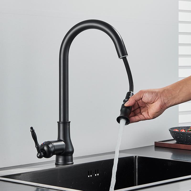 Antique Brass Kitchen Faucet Pull Out Spout Kitchen Faucets Black Single Hole Swivel Hot Cold Water Kitchen Mixer Tap Black
