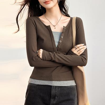 Spring New American Retro Fake Two-piece Long-sleeved T-shirt for Female Hottie Slim-fitting Base Shirt Top
