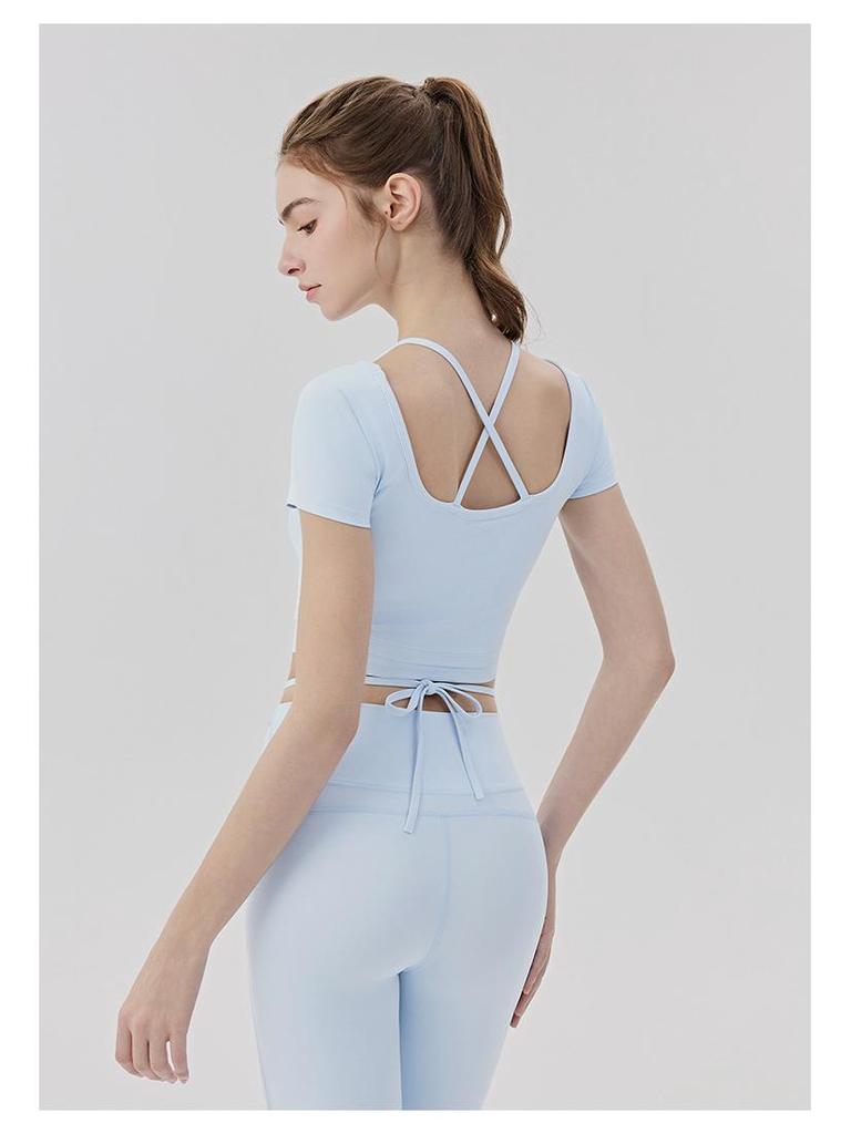 Women's Cooling Yoga Suit: Short Sleeve Top with Built-in Bra & Draping Tie-up Micro Flare Pants Set