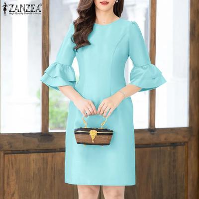 Women Casual O-neck Summer Ruffles Half Sleeve Sheath Dress