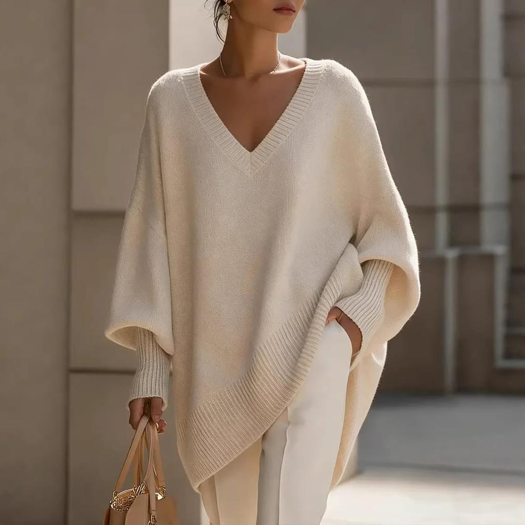 Women's V Neck Long Sleeve Knit Top Loose Fit Casual Mid Length Sweater Solid Cashmere Blend Jumper