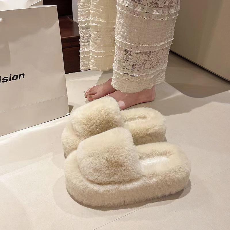 Mao Mao slippers women's new high-end outdoor wear versatile autumn and winter one-word thick-bottomed cotton slippers