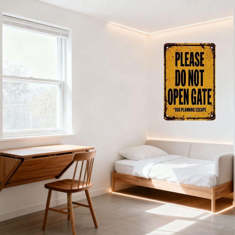 Vintage Rusty Metal Sign 'PLEASE DO NOT OPEN GATE' Dog Planning Escape Warning Sign with Black Border, Aged Metal Rivets for Hom