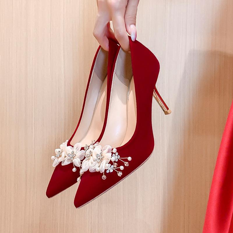 Red Pointed Shallow Mouth High Heels  Suede Women's Stiletto Heel Bridal Shoes Soft Comfort Solid Pearl Wedding Single Shoes