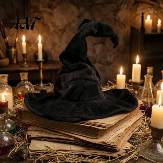 Full Color Matte Witch Hat for Women, Large Ruched Velvet Wizard Twisted Halloween Party Headwear Party, Cosplay Costume, Stage Performance Accessory