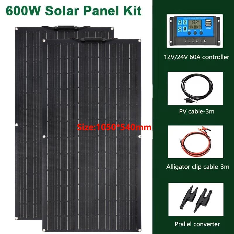 600W Solar Panel Kit Complete 18V Flexible Monocrystalline Solar Cell 12V Battery Charger System for Home Car Boat RV Camper
