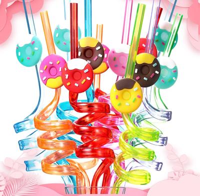 6pcs Pretty Party Decoration Donut Straws Reusable Plastic Hard Straws and Cleaning Brush for Birthday  Daily Use Party Supplies